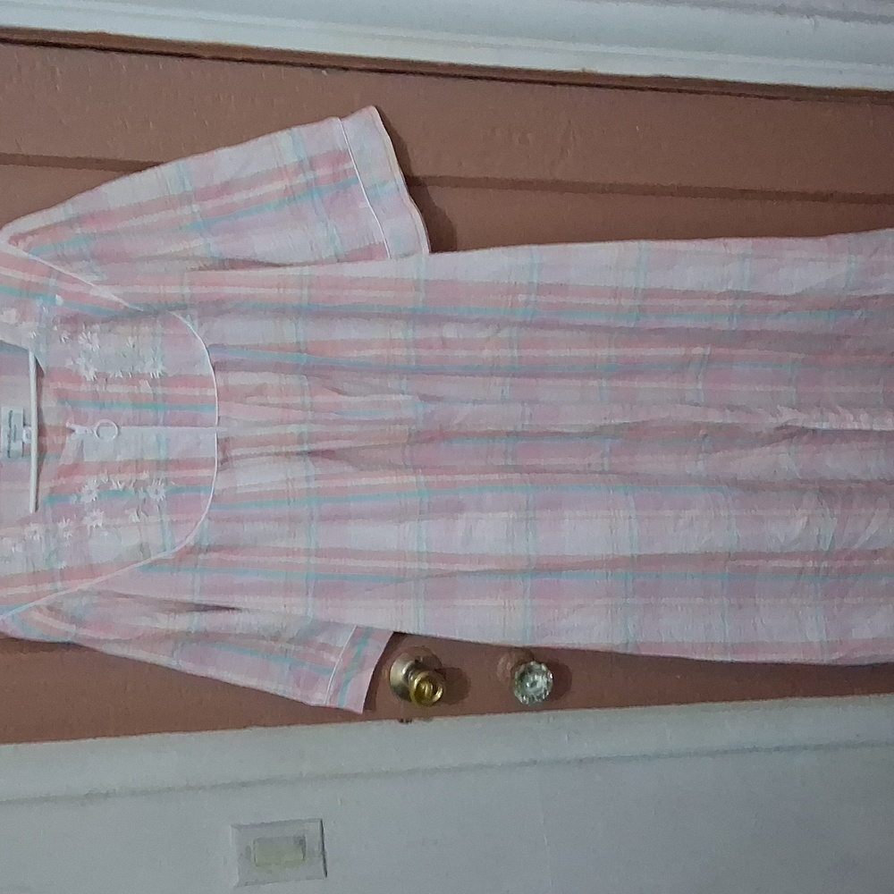 Miss Elaine Pink Plaid Cotton Nightgown with Pastel Stripes